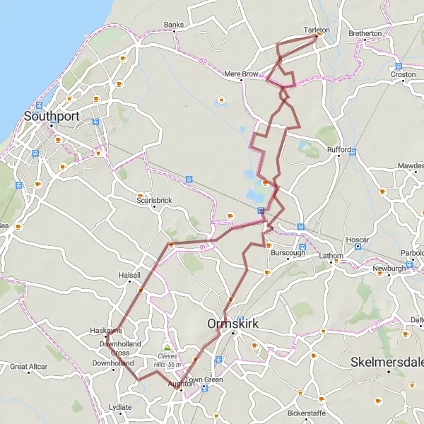 Map miniature of "Tarleton to Ormskirk Gravel Ride" cycling inspiration in Lancashire, United Kingdom. Generated by Tarmacs.app cycling route planner