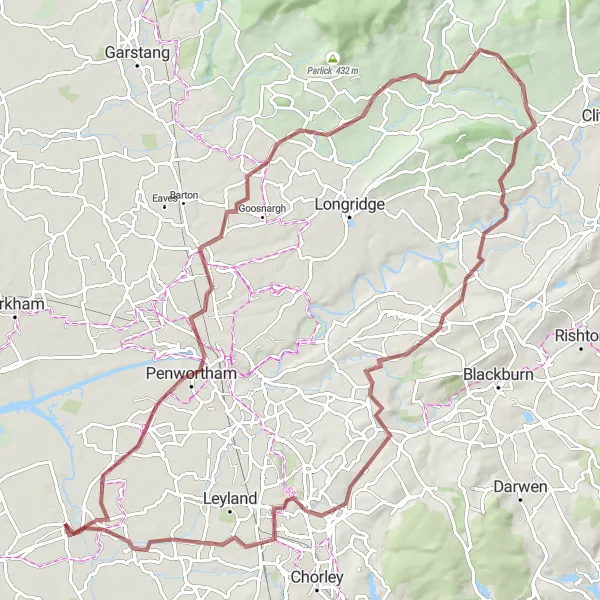 Map miniature of "Exploring Lancashire Gravel Pathways" cycling inspiration in Lancashire, United Kingdom. Generated by Tarmacs.app cycling route planner