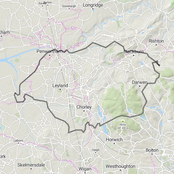 Map miniature of "Preston to Blackburn Adventure" cycling inspiration in Lancashire, United Kingdom. Generated by Tarmacs.app cycling route planner