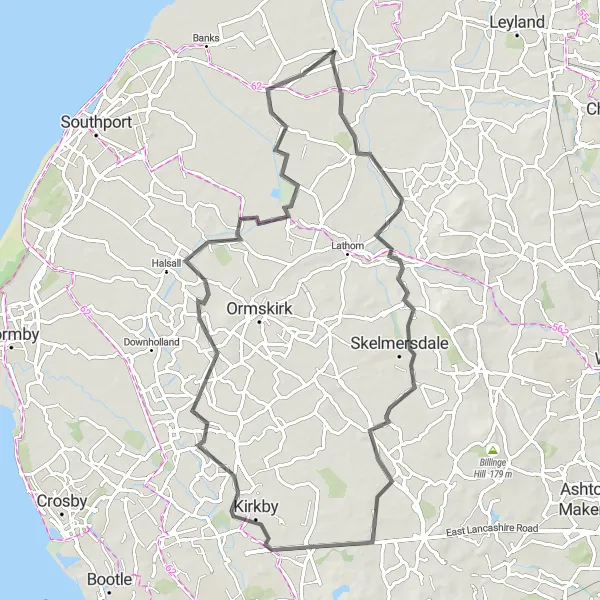 Map miniature of "Tarleton to Clieves Hills Loop" cycling inspiration in Lancashire, United Kingdom. Generated by Tarmacs.app cycling route planner