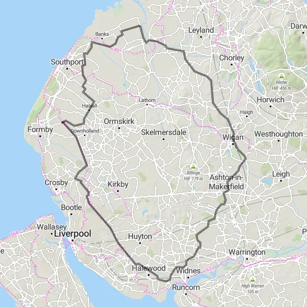 Map miniature of "Tarleton to Wigan Circuit" cycling inspiration in Lancashire, United Kingdom. Generated by Tarmacs.app cycling route planner