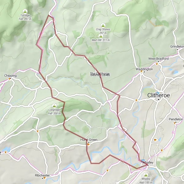 Map miniature of "Whalley to Longridge Fell Loop" cycling inspiration in Lancashire, United Kingdom. Generated by Tarmacs.app cycling route planner