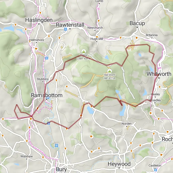 Map miniature of "Whitworth Gravel Adventure" cycling inspiration in Lancashire, United Kingdom. Generated by Tarmacs.app cycling route planner