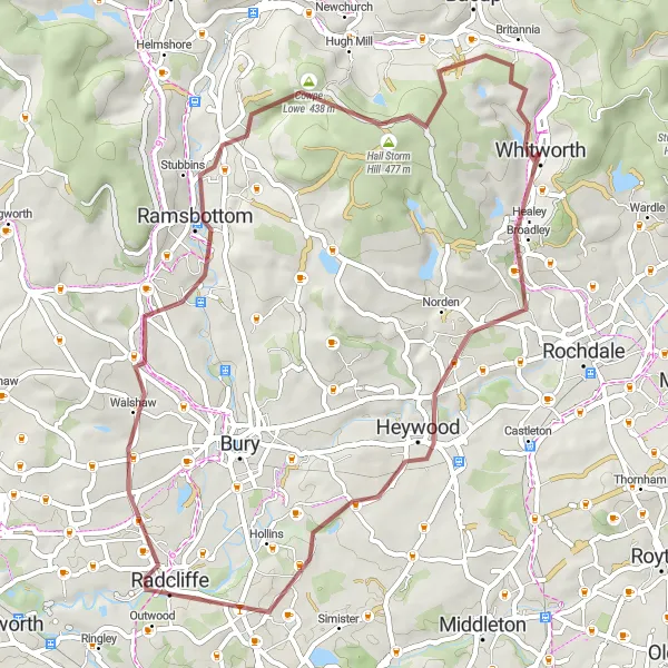 Map miniature of "Heywood to Ramsbottom Gravel Adventure" cycling inspiration in Lancashire, United Kingdom. Generated by Tarmacs.app cycling route planner