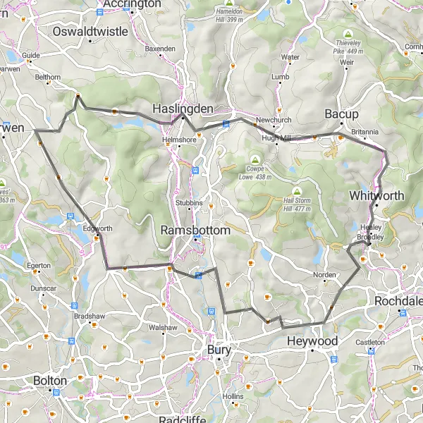 Map miniature of "Birtle to Whitworth Road Experience" cycling inspiration in Lancashire, United Kingdom. Generated by Tarmacs.app cycling route planner