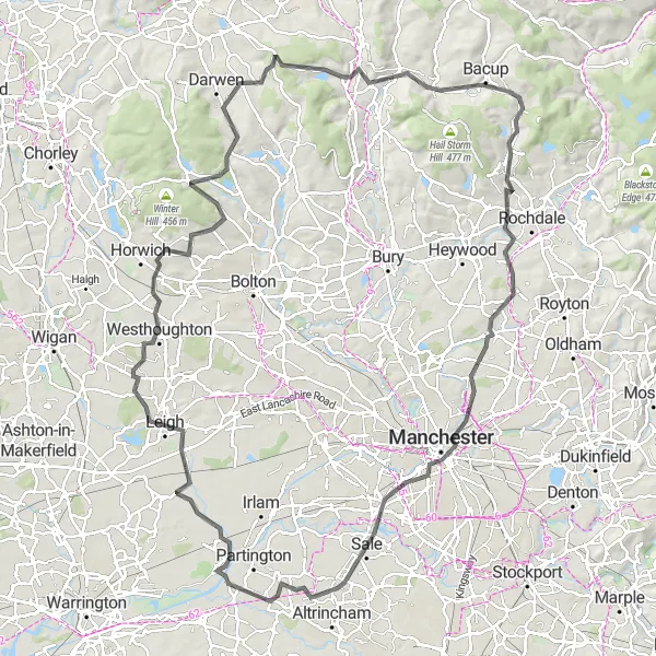 Map miniature of "Whitworth to Manchester Loop" cycling inspiration in Lancashire, United Kingdom. Generated by Tarmacs.app cycling route planner