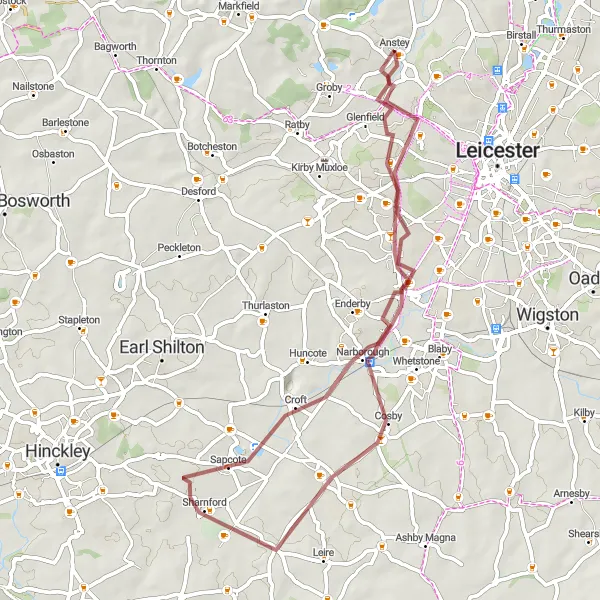 Map miniature of "Narborough Gravel Adventure" cycling inspiration in Leicestershire, Rutland and Northamptonshire, United Kingdom. Generated by Tarmacs.app cycling route planner