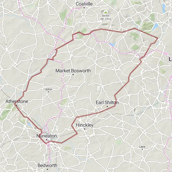 Map miniature of "The Challenging Gravel Loop" cycling inspiration in Leicestershire, Rutland and Northamptonshire, United Kingdom. Generated by Tarmacs.app cycling route planner