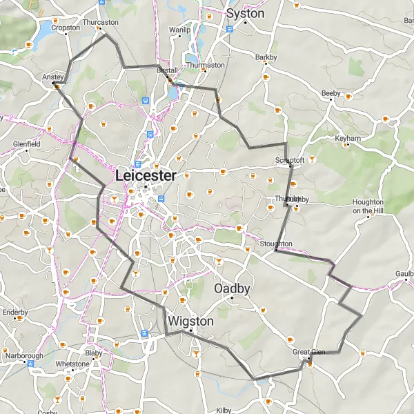 Map miniature of "Thurmaston to Wigston Loop" cycling inspiration in Leicestershire, Rutland and Northamptonshire, United Kingdom. Generated by Tarmacs.app cycling route planner