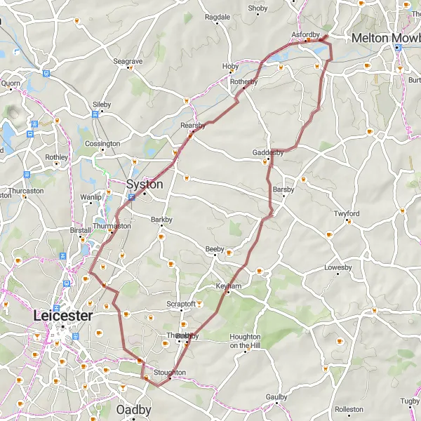 Map miniature of "South Croxton to Bushby and Syston" cycling inspiration in Leicestershire, Rutland and Northamptonshire, United Kingdom. Generated by Tarmacs.app cycling route planner