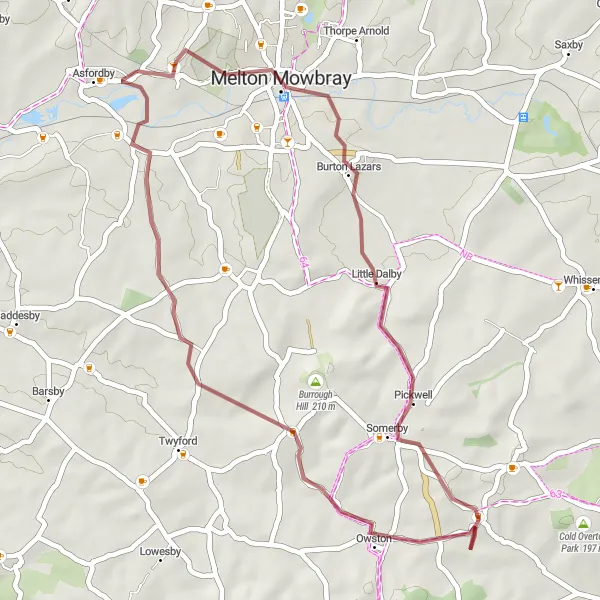 Map miniature of "Melton Mowbray to Knossington and Kirby Bellars" cycling inspiration in Leicestershire, Rutland and Northamptonshire, United Kingdom. Generated by Tarmacs.app cycling route planner