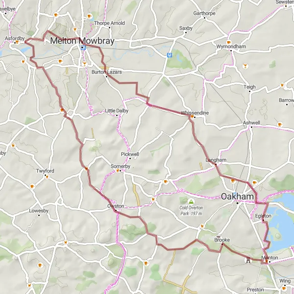 Map miniature of "Burton Lazars - Whissendine - Lax Hill - Braunston in Rutland - Great Dalby - Asfordby" cycling inspiration in Leicestershire, Rutland and Northamptonshire, United Kingdom. Generated by Tarmacs.app cycling route planner