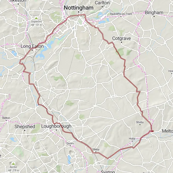 Map miniature of "Barrow upon Soar to Sawley and West Bridgford" cycling inspiration in Leicestershire, Rutland and Northamptonshire, United Kingdom. Generated by Tarmacs.app cycling route planner