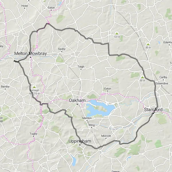 Map miniature of "Melton Mowbray - Buckminster - Ryhall - Tixover - Uppingham - Braunston in Rutland - Great Dalby" cycling inspiration in Leicestershire, Rutland and Northamptonshire, United Kingdom. Generated by Tarmacs.app cycling route planner