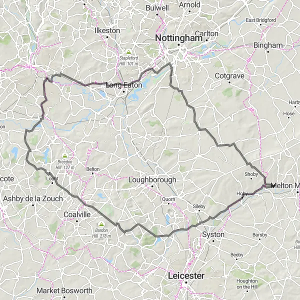 Map miniature of "Asfordby - Ratcliffe on the Wreake - Black Hill - Ticknall - Breaston - Beeston" cycling inspiration in Leicestershire, Rutland and Northamptonshire, United Kingdom. Generated by Tarmacs.app cycling route planner