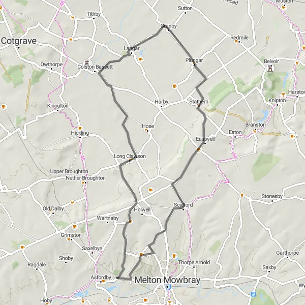 Map miniature of "Asfordby to Ab Kettleby and Granby" cycling inspiration in Leicestershire, Rutland and Northamptonshire, United Kingdom. Generated by Tarmacs.app cycling route planner
