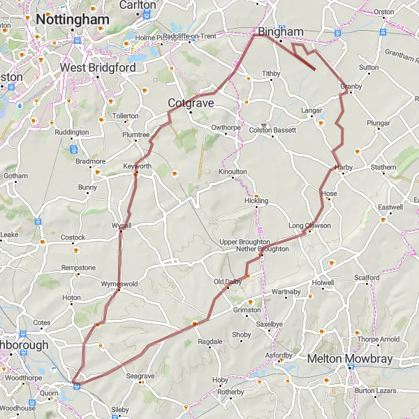 Map miniature of "The Countryside Gravel Tour" cycling inspiration in Leicestershire, Rutland and Northamptonshire, United Kingdom. Generated by Tarmacs.app cycling route planner