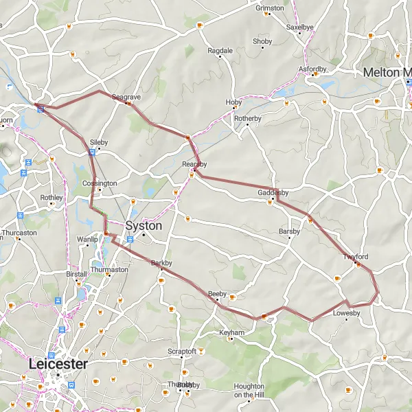 Map miniature of "The Rural Gravel" cycling inspiration in Leicestershire, Rutland and Northamptonshire, United Kingdom. Generated by Tarmacs.app cycling route planner