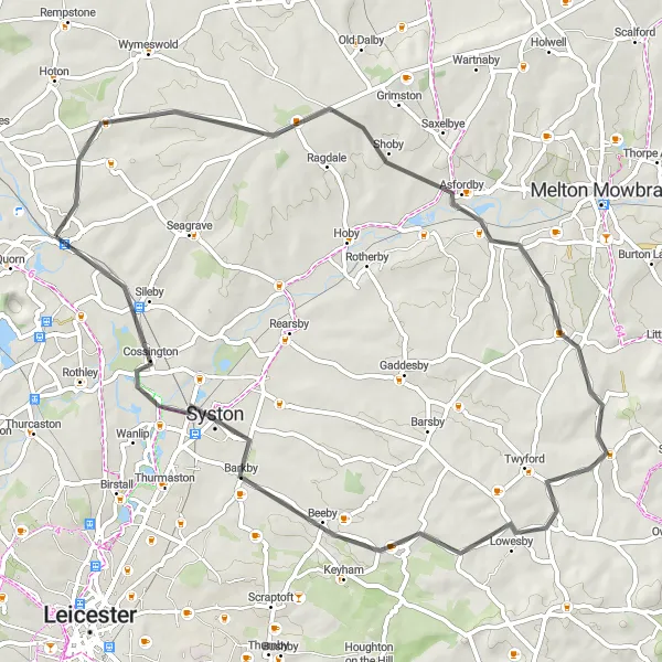 Map miniature of "Leicestershire Medieval Trail: A Scenic Road Cycling Exploration" cycling inspiration in Leicestershire, Rutland and Northamptonshire, United Kingdom. Generated by Tarmacs.app cycling route planner
