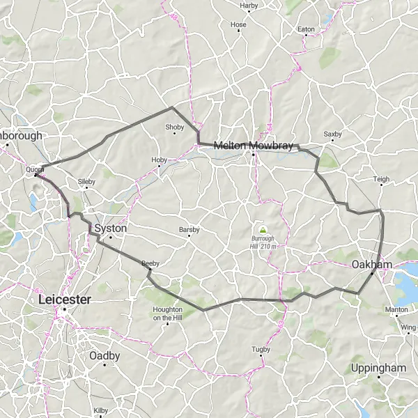 Map miniature of "Leicestershire to Rutland: A Scenic Road Cycling Adventure" cycling inspiration in Leicestershire, Rutland and Northamptonshire, United Kingdom. Generated by Tarmacs.app cycling route planner