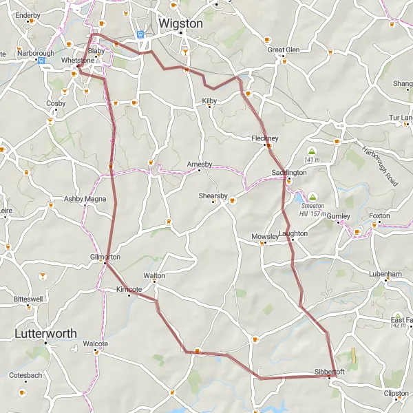 Map miniature of "The Gravel Explorer" cycling inspiration in Leicestershire, Rutland and Northamptonshire, United Kingdom. Generated by Tarmacs.app cycling route planner