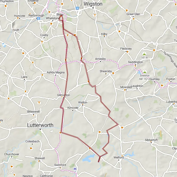 Map miniature of "Countryside Escape" cycling inspiration in Leicestershire, Rutland and Northamptonshire, United Kingdom. Generated by Tarmacs.app cycling route planner