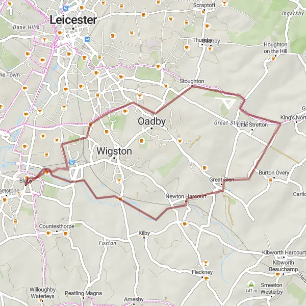 Map miniature of "Rutland Gravel Explorer" cycling inspiration in Leicestershire, Rutland and Northamptonshire, United Kingdom. Generated by Tarmacs.app cycling route planner