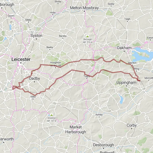 Map miniature of "Northamptonshire Gravel Expedition" cycling inspiration in Leicestershire, Rutland and Northamptonshire, United Kingdom. Generated by Tarmacs.app cycling route planner