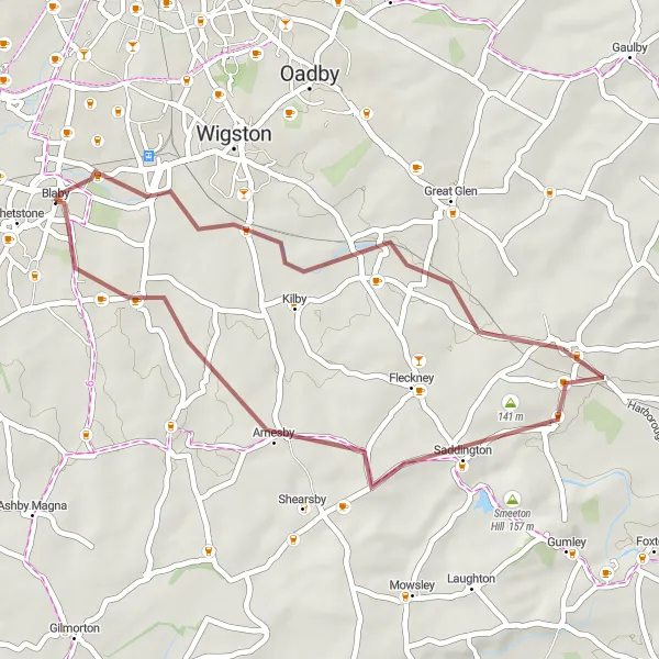 Map miniature of "Leicestershire Gravel Adventure" cycling inspiration in Leicestershire, Rutland and Northamptonshire, United Kingdom. Generated by Tarmacs.app cycling route planner