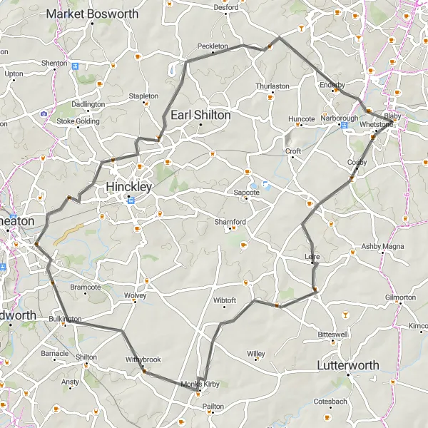 Map miniature of "Blaby Loop" cycling inspiration in Leicestershire, Rutland and Northamptonshire, United Kingdom. Generated by Tarmacs.app cycling route planner