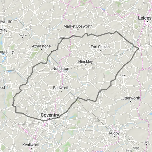 Map miniature of "The Three Counties Loop" cycling inspiration in Leicestershire, Rutland and Northamptonshire, United Kingdom. Generated by Tarmacs.app cycling route planner