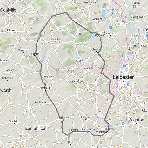 Map miniature of "Charnwood Forest Circuit" cycling inspiration in Leicestershire, Rutland and Northamptonshire, United Kingdom. Generated by Tarmacs.app cycling route planner