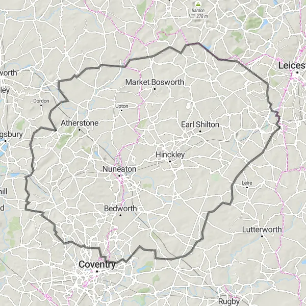 Map miniature of "The High Peak Challenge" cycling inspiration in Leicestershire, Rutland and Northamptonshire, United Kingdom. Generated by Tarmacs.app cycling route planner