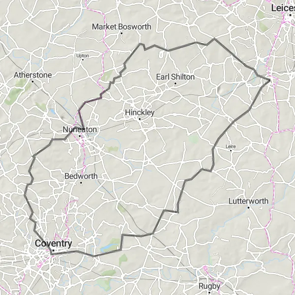 Map miniature of "Scenic Ride through Leicestershire, Rutland, and Northamptonshire" cycling inspiration in Leicestershire, Rutland and Northamptonshire, United Kingdom. Generated by Tarmacs.app cycling route planner