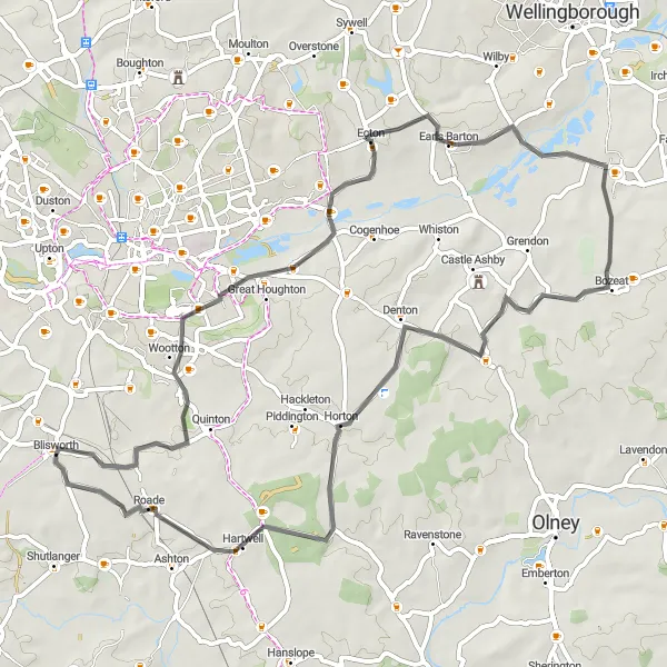 Map miniature of "The Great Rivers Road" cycling inspiration in Leicestershire, Rutland and Northamptonshire, United Kingdom. Generated by Tarmacs.app cycling route planner