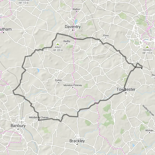 Map miniature of "Blisworth Rural Road Adventure" cycling inspiration in Leicestershire, Rutland and Northamptonshire, United Kingdom. Generated by Tarmacs.app cycling route planner