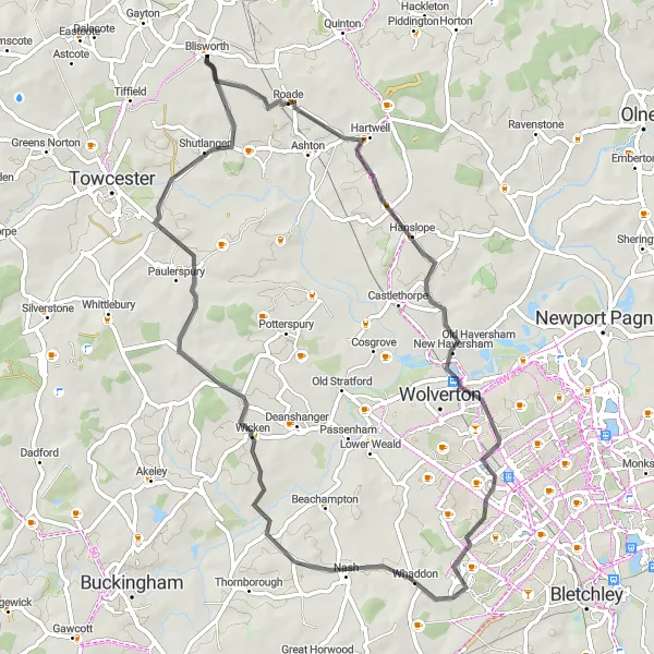 Map miniature of "The Hanslope Explorer" cycling inspiration in Leicestershire, Rutland and Northamptonshire, United Kingdom. Generated by Tarmacs.app cycling route planner