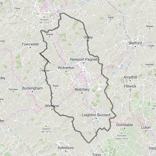 Map miniature of "The Woburn Challenge" cycling inspiration in Leicestershire, Rutland and Northamptonshire, United Kingdom. Generated by Tarmacs.app cycling route planner