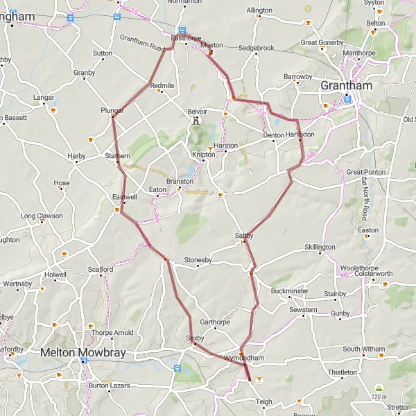 Map miniature of "Gravel Cycling Adventure near Bottesford" cycling inspiration in Leicestershire, Rutland and Northamptonshire, United Kingdom. Generated by Tarmacs.app cycling route planner