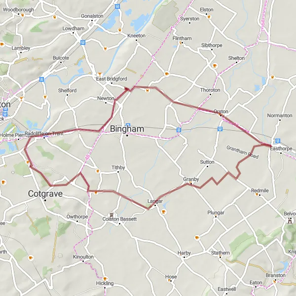 Map miniature of "The Gravel Trails of Bottesford" cycling inspiration in Leicestershire, Rutland and Northamptonshire, United Kingdom. Generated by Tarmacs.app cycling route planner