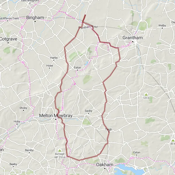 Map miniature of "Gravel Cycling Routes from Bottesford" cycling inspiration in Leicestershire, Rutland and Northamptonshire, United Kingdom. Generated by Tarmacs.app cycling route planner