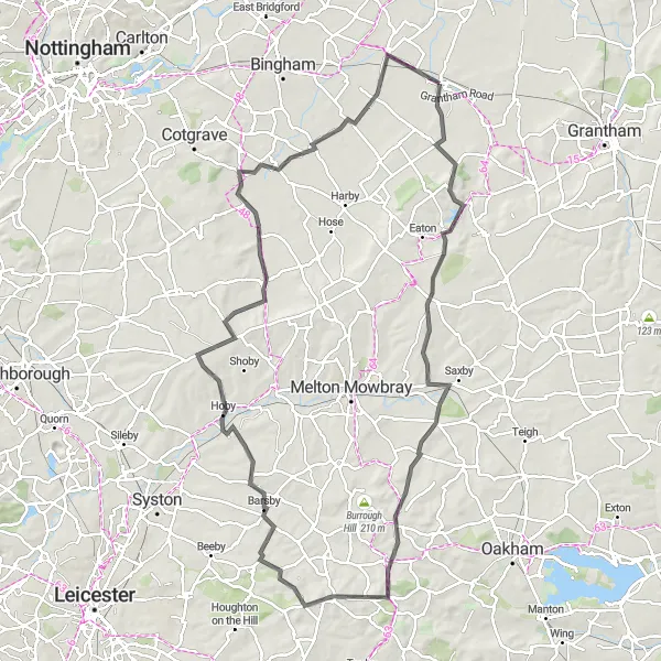 Map miniature of "Bottesford to Belvoir Castle Loop" cycling inspiration in Leicestershire, Rutland and Northamptonshire, United Kingdom. Generated by Tarmacs.app cycling route planner
