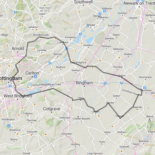 Map miniature of "The Granby Road Adventure" cycling inspiration in Leicestershire, Rutland and Northamptonshire, United Kingdom. Generated by Tarmacs.app cycling route planner