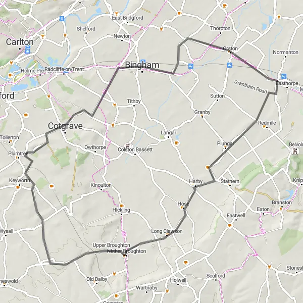 Map miniature of "Road Cycling Routes from Bottesford" cycling inspiration in Leicestershire, Rutland and Northamptonshire, United Kingdom. Generated by Tarmacs.app cycling route planner