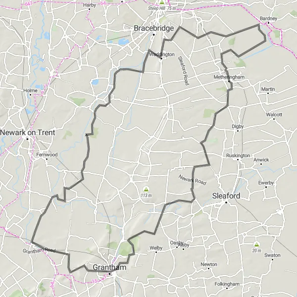 Map miniature of "Scenic Road Cycling Routes near Bottesford" cycling inspiration in Leicestershire, Rutland and Northamptonshire, United Kingdom. Generated by Tarmacs.app cycling route planner