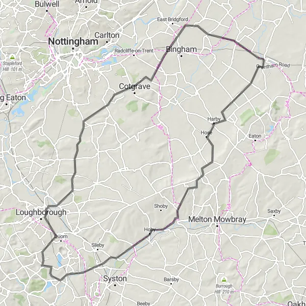 Map miniature of "The Horseshoe of Adventure" cycling inspiration in Leicestershire, Rutland and Northamptonshire, United Kingdom. Generated by Tarmacs.app cycling route planner