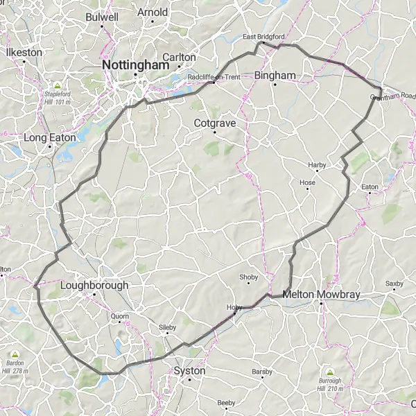 Map miniature of "Bottesford Circuit" cycling inspiration in Leicestershire, Rutland and Northamptonshire, United Kingdom. Generated by Tarmacs.app cycling route planner