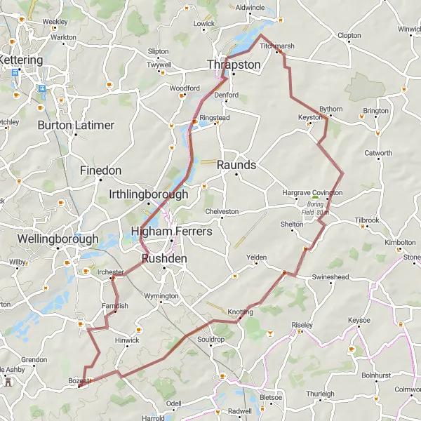 Map miniature of "Gravel Excursion: Irchester to Thrapston" cycling inspiration in Leicestershire, Rutland and Northamptonshire, United Kingdom. Generated by Tarmacs.app cycling route planner