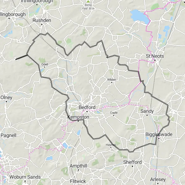 Map miniature of "Bozeat Road Challenge" cycling inspiration in Leicestershire, Rutland and Northamptonshire, United Kingdom. Generated by Tarmacs.app cycling route planner