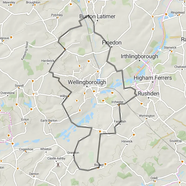 Map miniature of "Leicestershire and Northamptonshire Loop" cycling inspiration in Leicestershire, Rutland and Northamptonshire, United Kingdom. Generated by Tarmacs.app cycling route planner